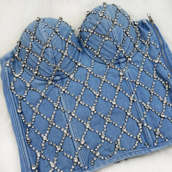 Women's Denim Corset Top Rhinestone Strapless Padded Supportive Party - Picture 8 of 8
